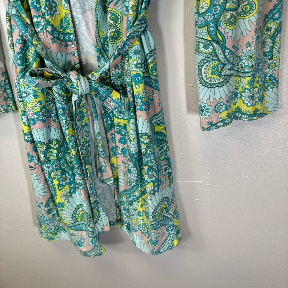 BEDHEAD cotton robe sash belt retro flower print mint green yellow pink S/M - Picture 4 of 8